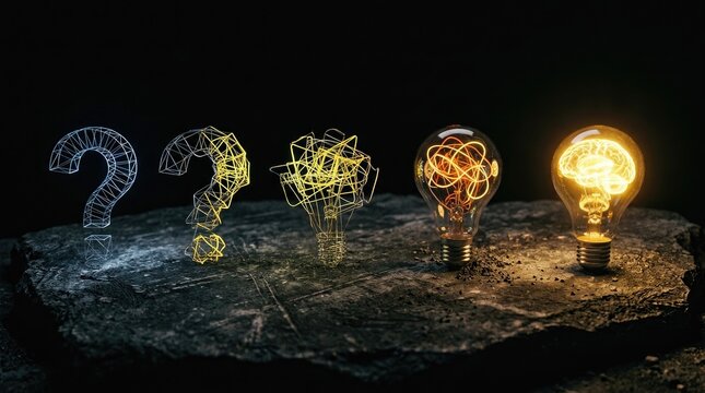 Evolution of idea from questions to brain lightbulb concept.