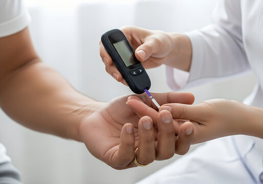 Doctor using glucometer to check blood glucose on patients finger in clinic transparent background
