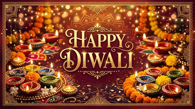 Happy Diwali festival lights, oil lamps, marigolds, and rangoli pattern background