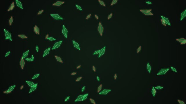 Green neon diamond shapes floating in a dynamic motion pattern for digital background effects