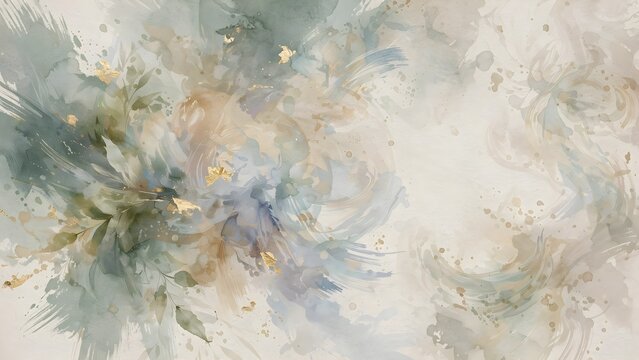 Abstract watercolor background with soft sage green, dusty blue, and gold foil accents