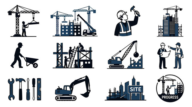 Construction Site Icons Set Isolated on Transparent Background