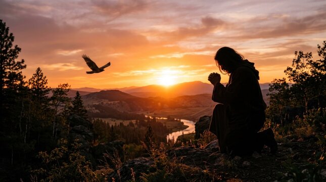 Silhouette of a person praying at sunset with a bird flying.
