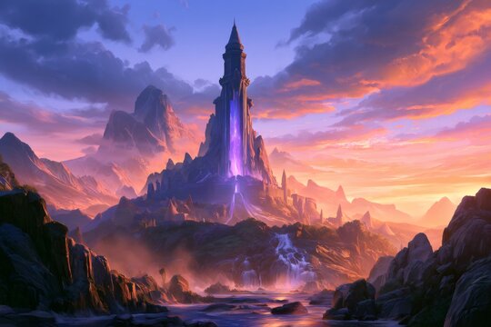 Fantasy tower radiating purple magic in epic mountain landscape