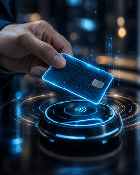 Person holding credit card over contactless payment terminal with holographic