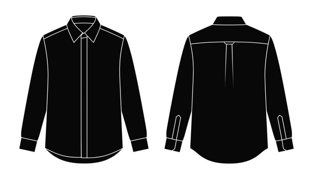 Men fashion black long sleeve button down dress shirt vector technical flat sketch template featuring classic collar hidden placket and back yoke box pleat