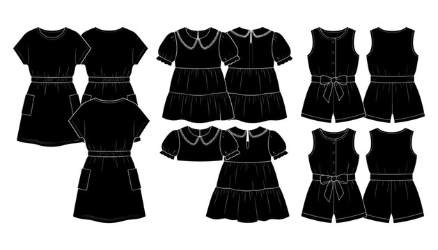 Kids girls fashion black clothing collection vector technical flat sketch templates featuring dress romper set Peter Pan collar and casual outfits