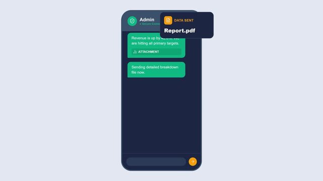 Smartphone chat interface animation featuring business messaging document sharing and approved stamp in flat vector design for data reporting.
