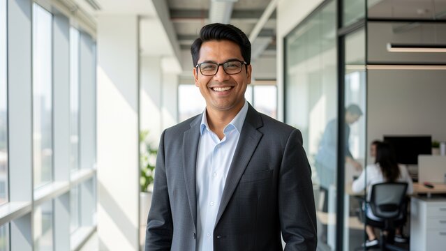 smiling diverse businessman in modern office setting portrait natural daylight approachable professional headshot copyspace space