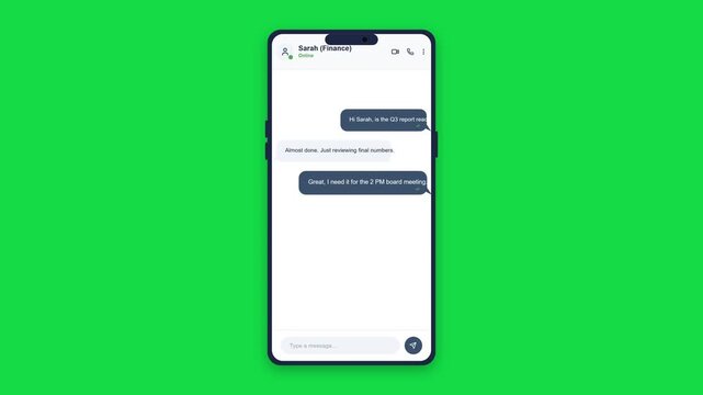 Smartphone chat interface animation with text bubbles and file document sharing on green screen for video projects