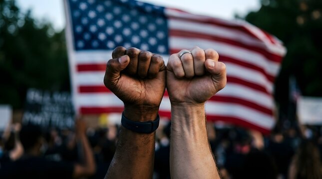 Diverse people raising fists in solidarity during a peaceful protest demonstration on labor day in the united states