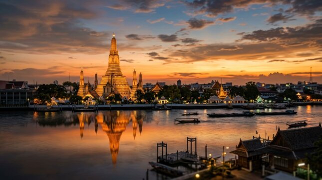 Stunning Sunset Over Wat Arun Temple Reflected in Chao Phraya River Bangkok.