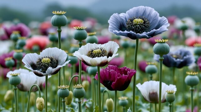 Poppy field with colorful blooming flowers and seed pods