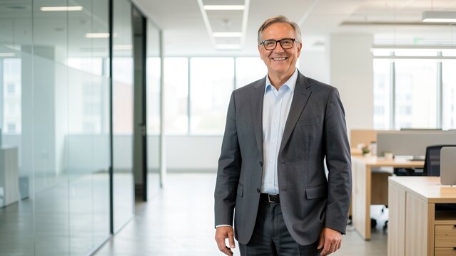 confident smiling diverse businessman in bright modern open office for corporate success and professional lifestyle marketing