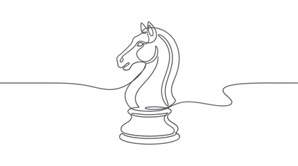 Continuous single line of a chess knight piece, horse head sculpture, strategy game, isolated on a white background, minimalist © Rina
