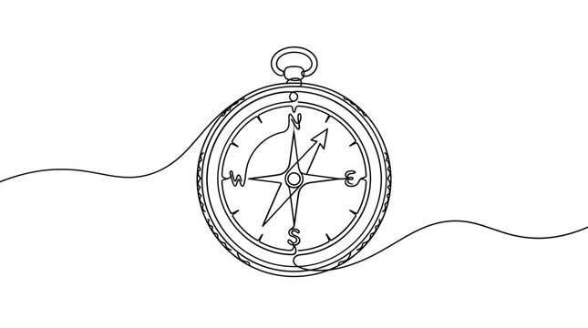 Continuous single line of a vintage nautical compass with directional needle, isolated on a white background, navigation concept