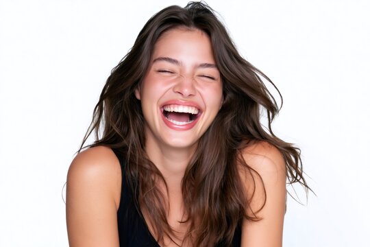 Happy young woman laughing with eyes closed