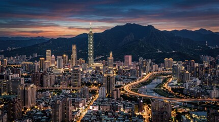 Fototapeta premium Taipei 101 Skyscraper Cityscape at Dusk with Mountain Backdrop.