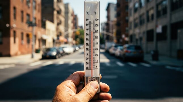 Thermometer Held Up in Hot City Street During Summer Heatwave.