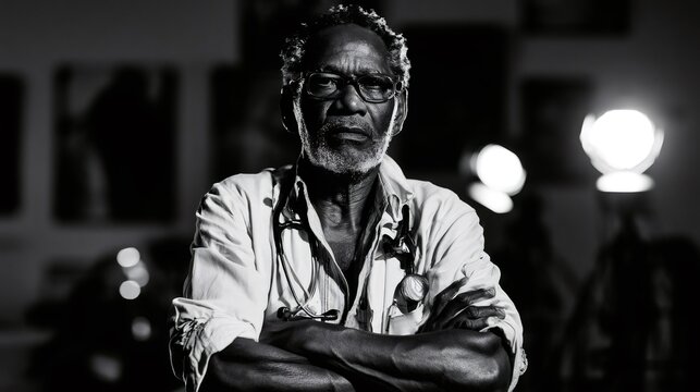 Senior black doctor with stethoscope crossing arms