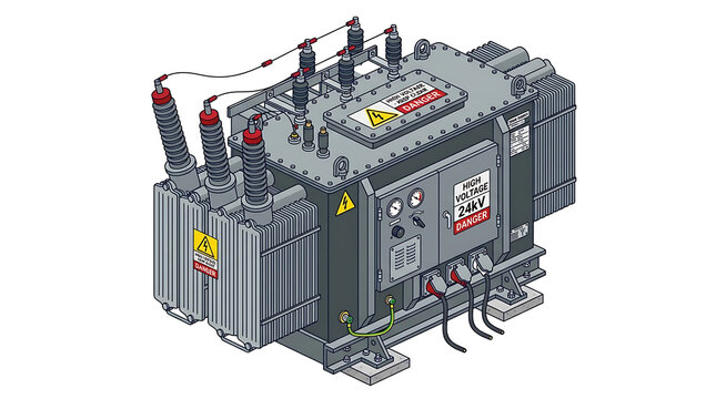 Industrial Electrical Power Transformer With Insulators And Wires On White Background Vector Illustration