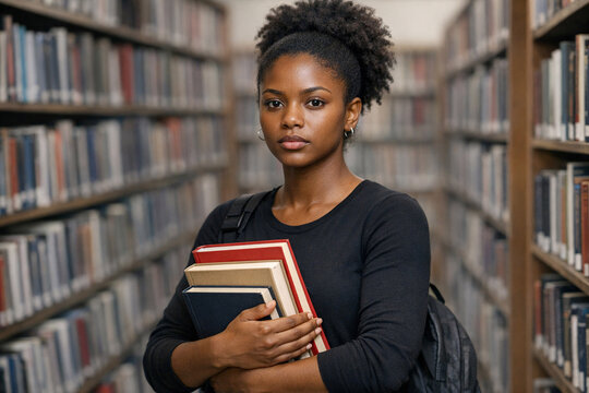 A young woman is in a library, holding an armful of books. She has a focused expression and seems to be engaged in reading or studying.