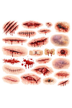 Detailed and terrifying horror movie makeup, featuring gore-filled bloodstained lips and slashed mouths.