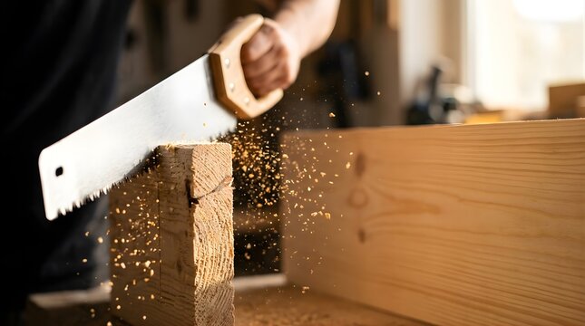 Carpenter cutting wooden beam with hand saw in workshop at daytime