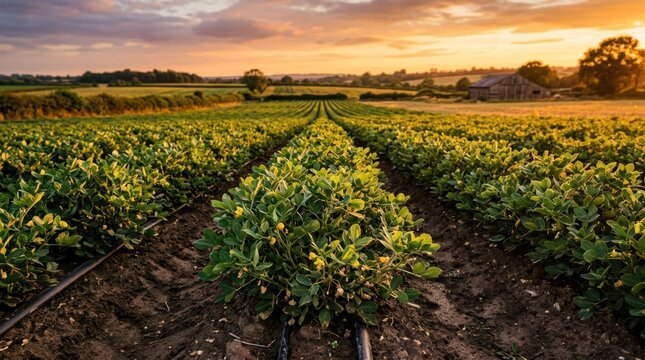 Vast Agricultural Field at Sunset with Rows of Crops and Irrigation System.