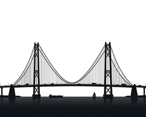 Fototapeta premium Iconic Suspension Bridge Silhouette at Dawn with Calm Water Reflecting the Structure and Distant Boats
