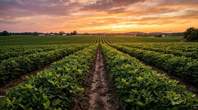 Vast Agricultural Field Under a Dramatic Sunset Sky.