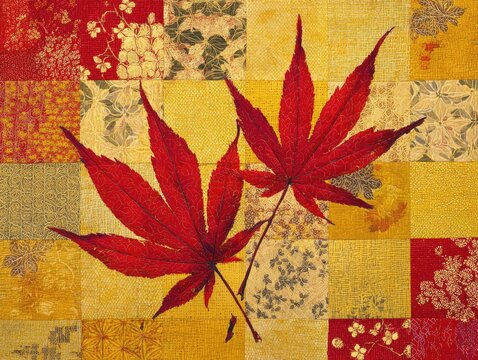 Japanese Autumn Leaves on Patchwork Fabric Texture