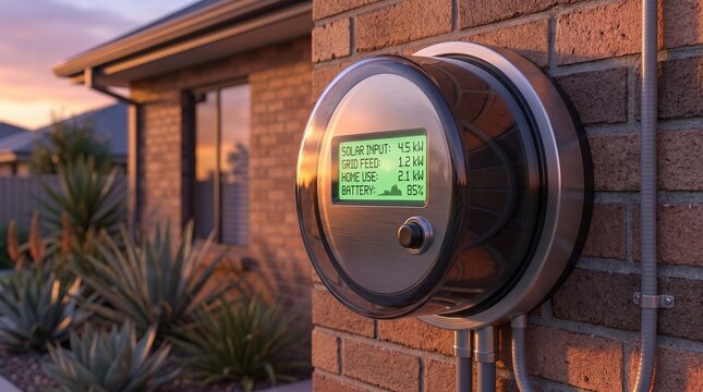 Smart solar energy meter displaying power usage on residential brick house at sunset.