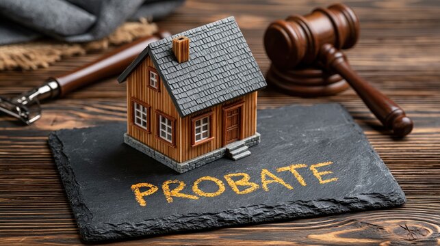 A miniature house and a gavel are placed on a slate with the word PROBATE written on it.