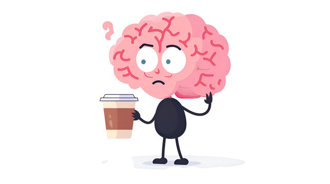 Cartoon brain character holding coffee cup looking confused