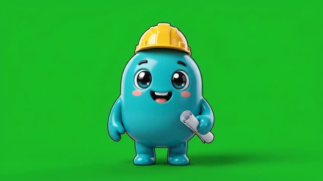 Cute 3D cartoon character wearing a construction helmet and holding a blueprint on a green screen background.