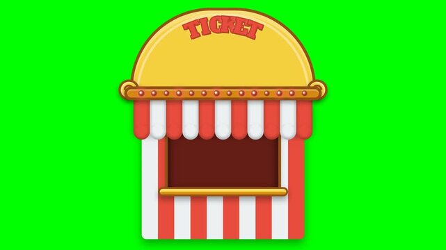 Red and white striped carnival ticket booth kiosk on green screen background