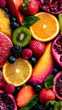 Fresh vibrant fruits and berries creating a healthy background