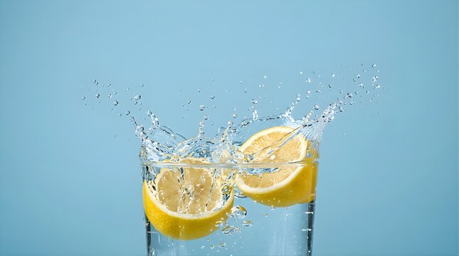 Fresh lemon halves splashing into a glass of water on a blue background