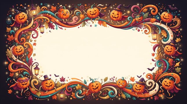 Festive Halloween border with dancing pumpkins and central copy space