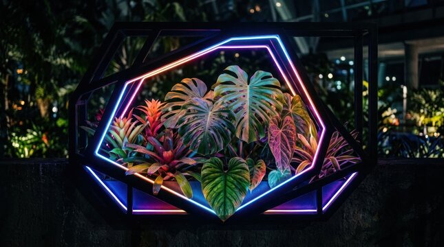 Vibrant Neon Geometric Frame Showcasing Exotic Tropical Plants.