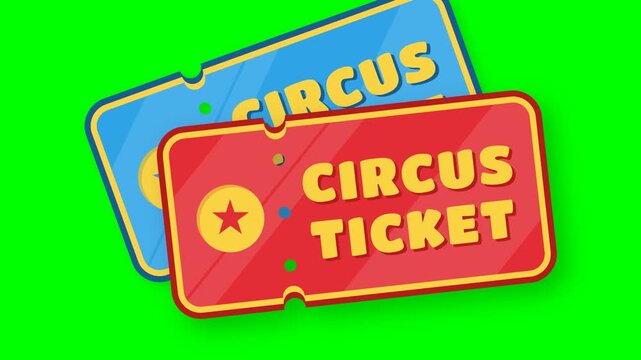 Red and blue circus tickets with star icons isolated on green screen background