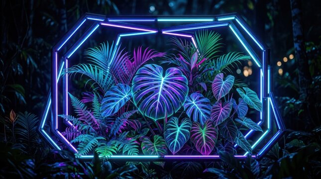 Vibrant Neon Geometric Frame Surrounds Lush Tropical Plants.