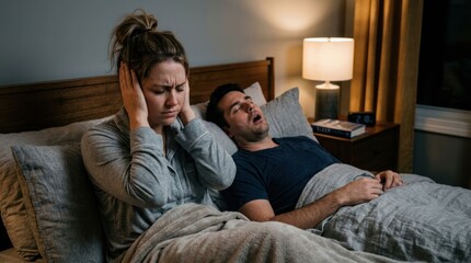 Obraz premium Woman covering ears from loud snoring man in bed at night.