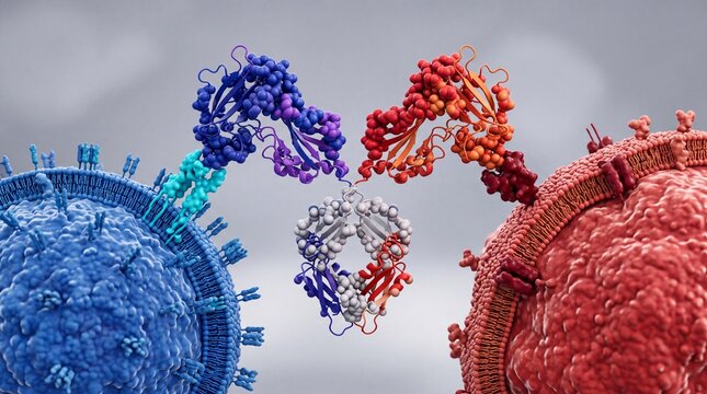 Detailed 3D scientific rendering of a bispecific antibody protein binding to cell membrane receptors for immunotherapy, cancer treatment, and molecular biology medical research