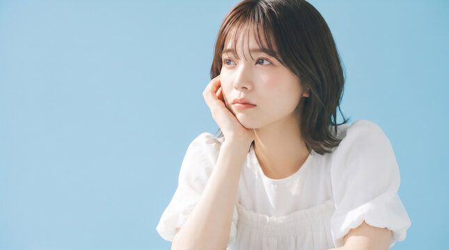 Young Japanese woman resting chin on hand looking away thoughtfully against blue background