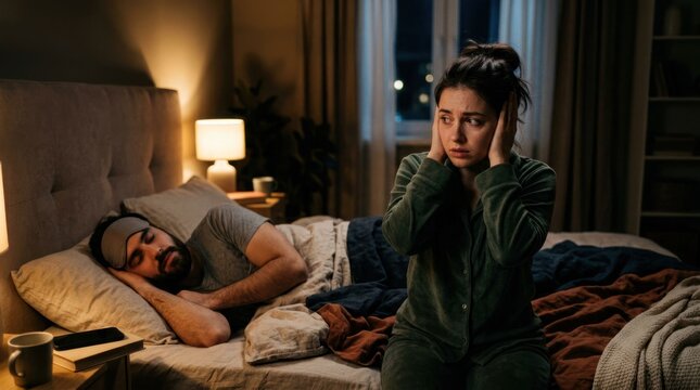 Woman covering ears in bed with man sleeping next to her.