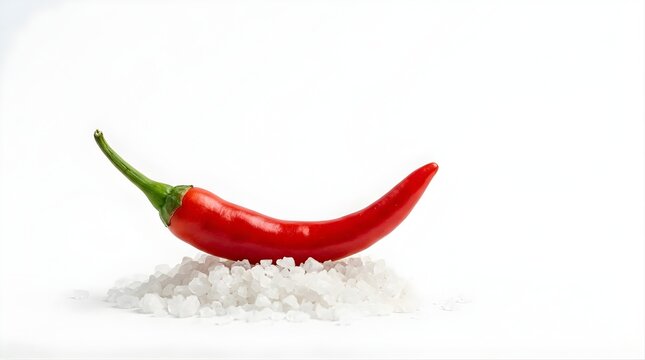 Fresh red chili pepper resting on a pile of sea salt isolated on white