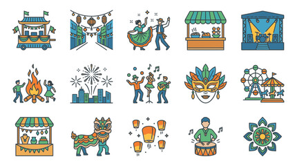 Naklejka premium Cultural Festival and Carnival Icon Set with Street Food, Fireworks, Parade, and Live Entertainment