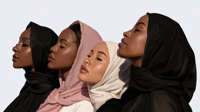 Diverse muslim women wearing hijabs with closed eyes